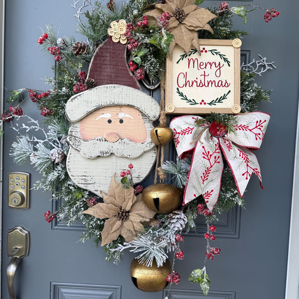 Santa wreath, Christmas wreath for front door, xmas wreath, Holiday wreath, Rustic Santa Wreath, Primitive Santa Wreath, Christmas decor xl