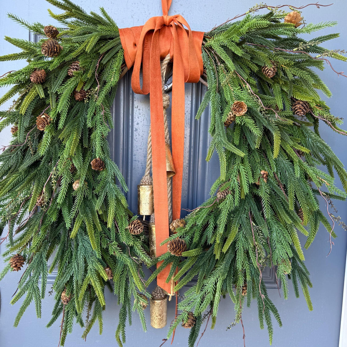 Fall greenery norfolk pine front door wreath with brass bells, Fall season, Thanksgiving wreath, Autumn wreath, Velvet double sided ribbon