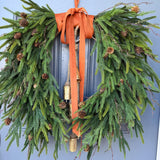 Fall greenery norfolk pine front door wreath with brass bells, Fall season, Thanksgiving wreath, Autumn wreath, Velvet double sided ribbon