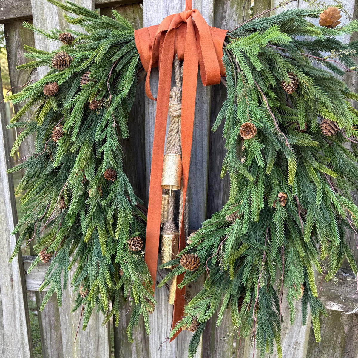 Fall greenery norfolk pine front door wreath with brass bells, Fall season, Thanksgiving wreath, Autumn wreath, Velvet double sided ribbon