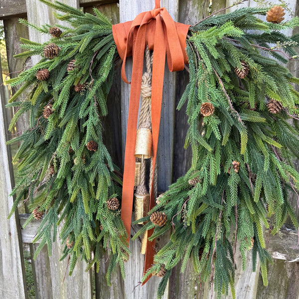 Fall greenery norfolk pine front door wreath with brass bells, Fall season, Thanksgiving wreath, Autumn wreath, Velvet double sided ribbon