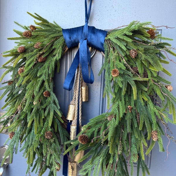 Hanukkah wreath, Chanukah wreath, Blue and gold bell wreath, norfolk pine front door wreath, All season wreath, Velvet ribbon double sided