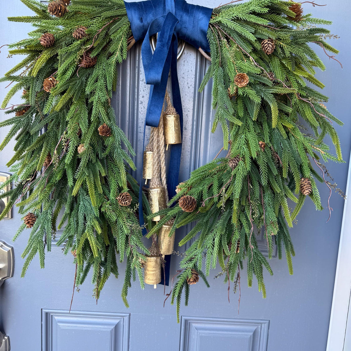 Hanukkah wreath, Chanukah wreath, Blue and gold bell wreath, norfolk pine front door wreath, All season wreath, Velvet ribbon double sided