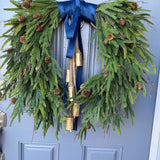 Hanukkah wreath, Chanukah wreath, Blue and gold bell wreath, norfolk pine front door wreath, All season wreath, Velvet ribbon double sided