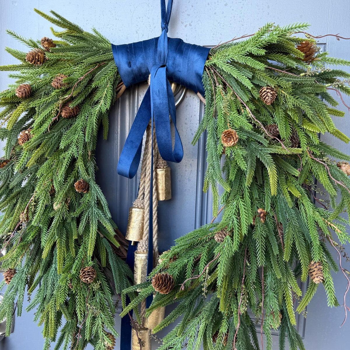 Hanukkah wreath, Chanukah wreath, Blue and gold bell wreath, norfolk pine front door wreath, All season wreath, Velvet ribbon double sided