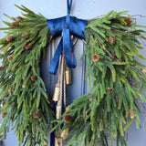 Hanukkah wreath, Chanukah wreath, Blue and gold bell wreath, norfolk pine front door wreath, All season wreath, Velvet ribbon double sided
