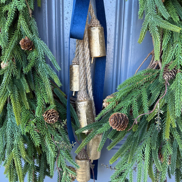 Hanukkah wreath, Chanukah wreath, Blue and gold bell wreath, norfolk pine front door wreath, All season wreath, Velvet ribbon double sided