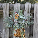 Winter wreath, Snowy basket for front door, Basket decor for entryway, Christmas gift for bird lovers, Christmas basket for nature lover 24”