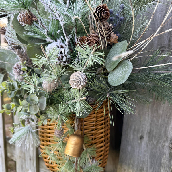 Winter Front Door Basket Wreath, Snowy Pine Birdhouse Basket, Christmas wreath decoration, Winter decor for door