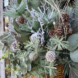 Winter Front Door Basket Wreath, Snowy Pine Birdhouse Basket, Christmas wreath decoration, Winter decor for door