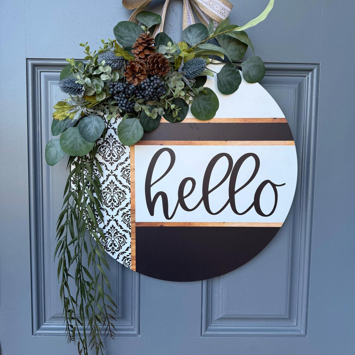 Front door decor, Wooden door sign, Everyday door sign with black, white and damask design with a rustic twist with texture.