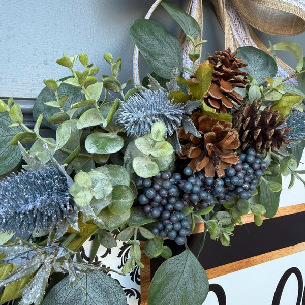 Front door decor, Wooden door sign, Everyday door sign with black, white and damask design with a rustic twist with texture.