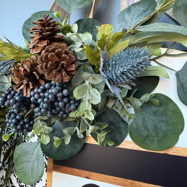 Front door decor, Wooden door sign, Everyday door sign with black, white and damask design with a rustic twist with texture.