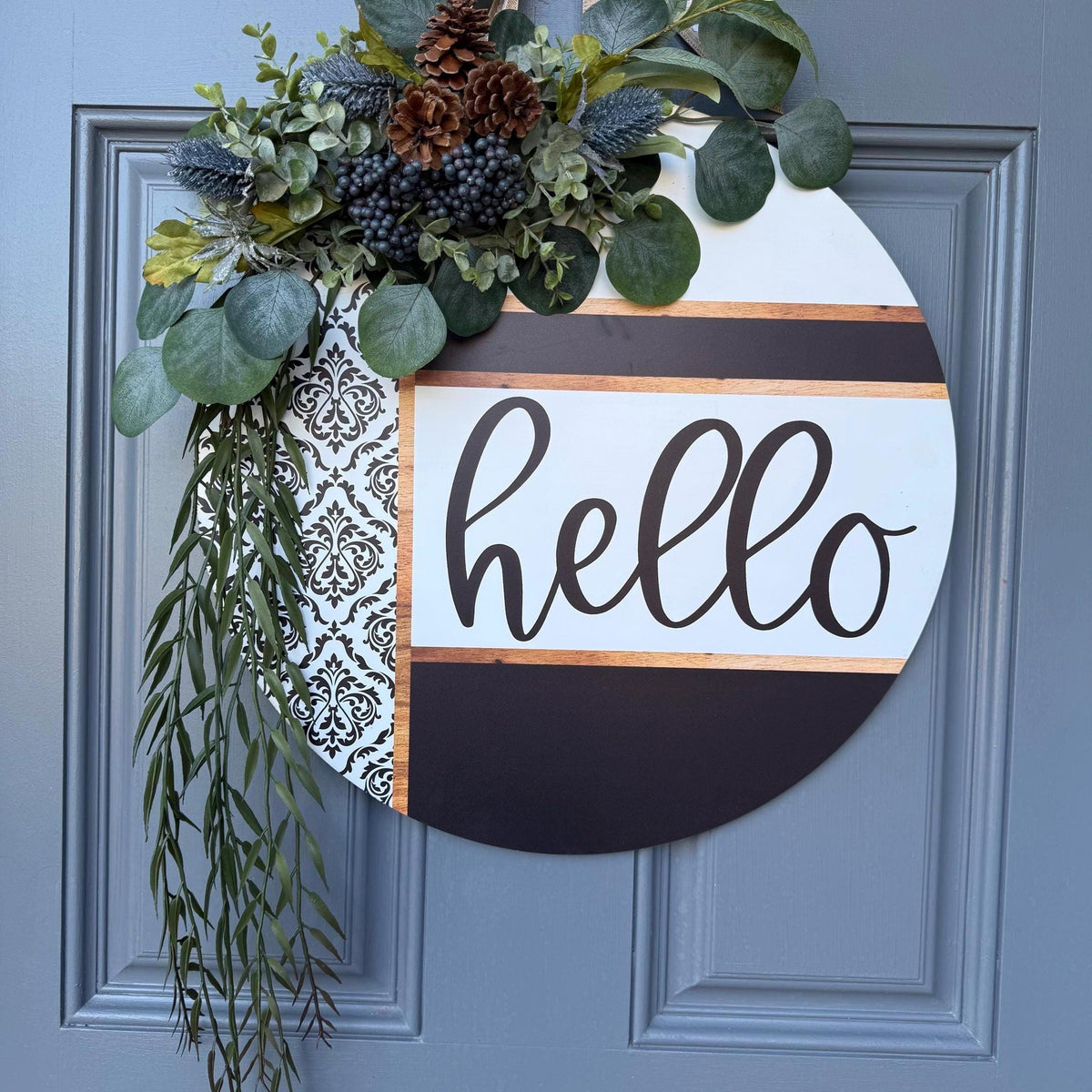 Front door decor, Wooden door sign, Everyday door sign with black, white and damask design with a rustic twist with texture.