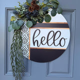 Front door decor, Wooden door sign, Everyday door sign with black, white and damask design with a rustic twist with texture.