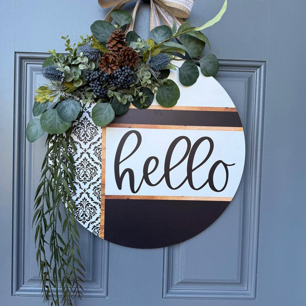 Front door decor, Wooden door sign, Everyday door sign with black, white and damask design with a rustic twist with texture.