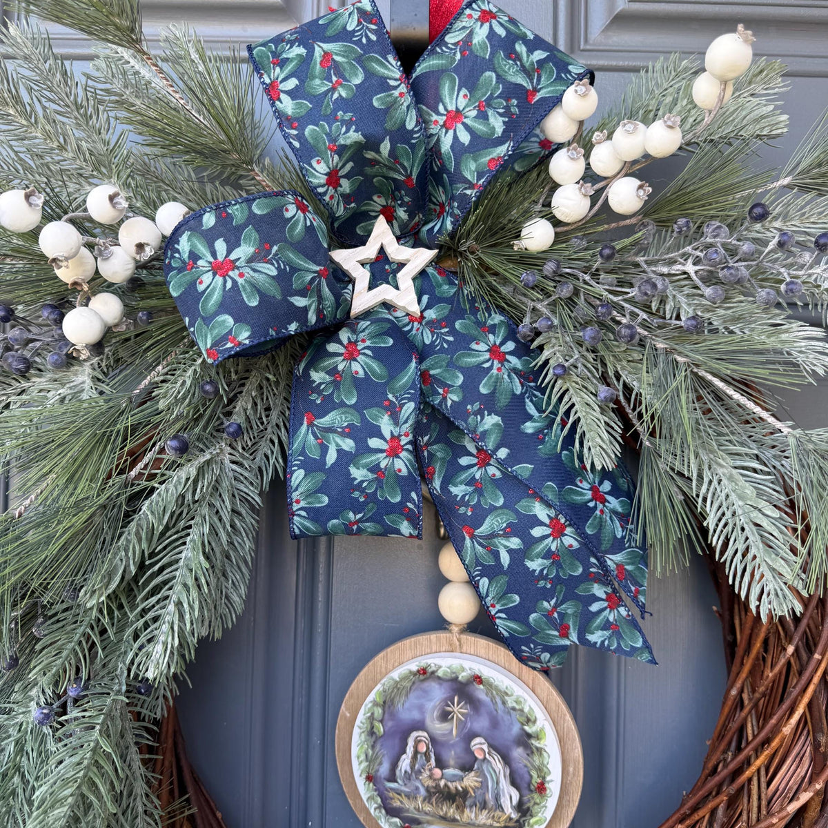 Christmas front door wreath, Religious wreath, Handmade wreath, Front door decor, Painted sign with Jesus, Mary and Joseph in a manger.