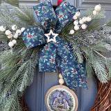 Christmas front door wreath, Religious wreath, Handmade wreath, Front door decor, Painted sign with Jesus, Mary and Joseph in a manger.