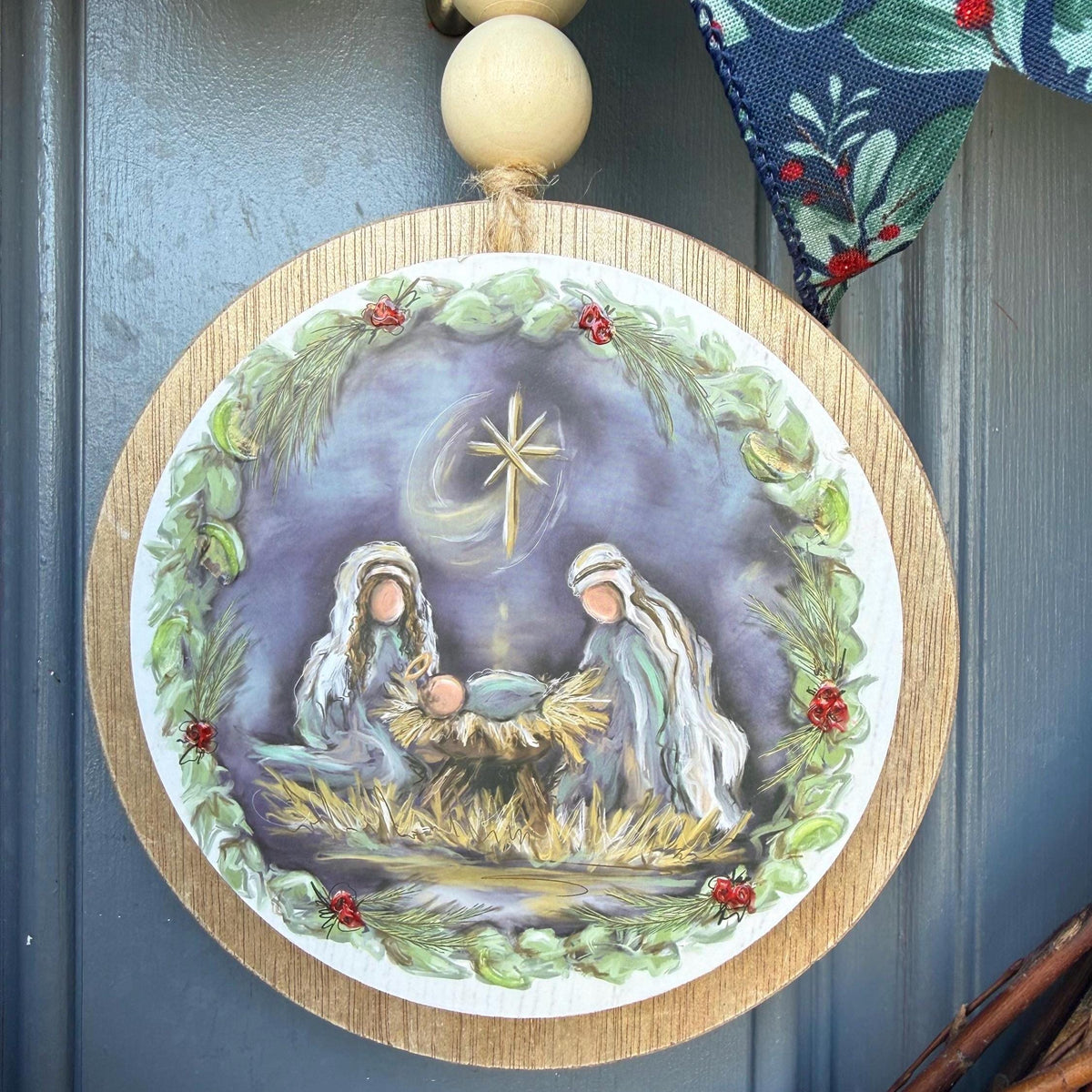 Christmas front door wreath, Religious wreath, Handmade wreath, Front door decor, Painted sign with Jesus, Mary and Joseph in a manger.