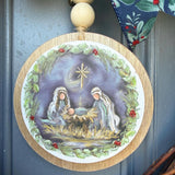Christmas front door wreath, Religious wreath, Handmade wreath, Front door decor, Painted sign with Jesus, Mary and Joseph in a manger.