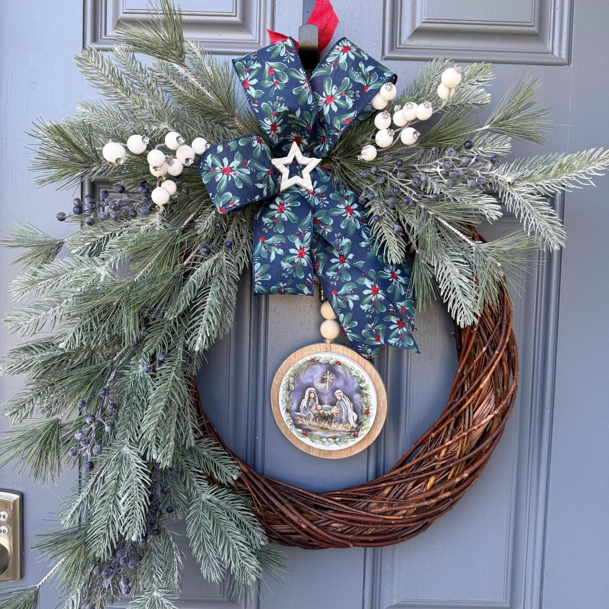 Christmas front door wreath, Religious wreath, Handmade wreath, Front door decor, Painted sign with Jesus, Mary and Joseph in a manger.