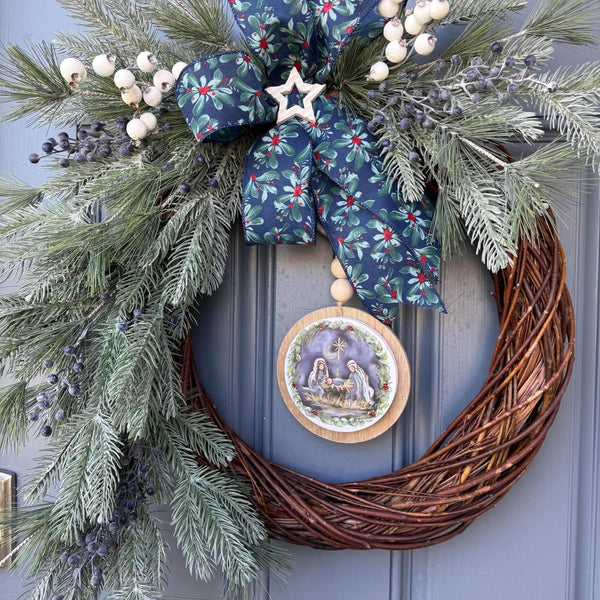 Christmas front door wreath, Religious wreath, Handmade wreath, Front door decor, Painted sign with Jesus, Mary and Joseph in a manger.