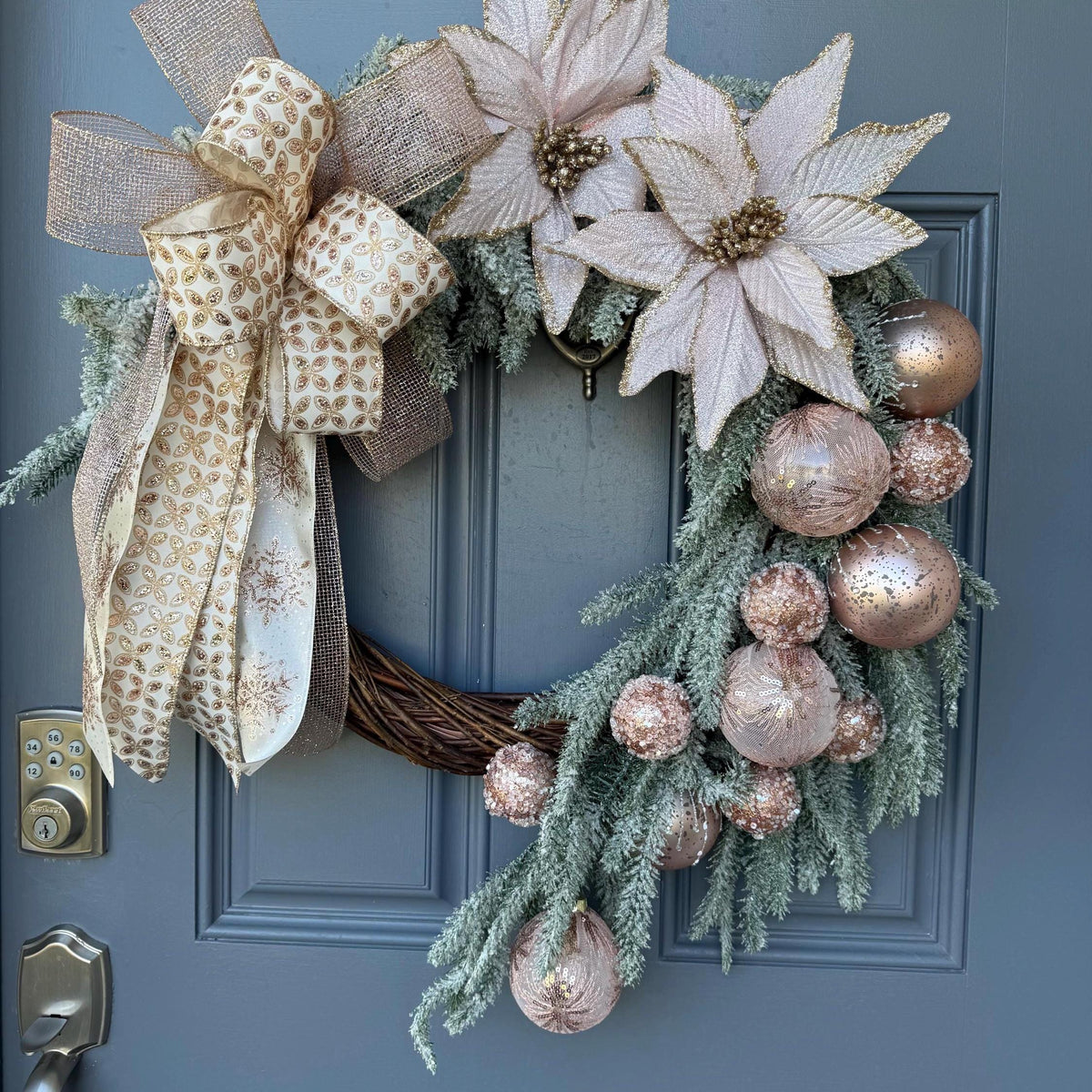 Christmas wreath for door, Snowy pine wreath with pink glitz and glam. Sparkly wreath design for front door, Holiday decor front door, 24”