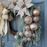 Christmas wreath for door, Snowy pine wreath with pink glitz and glam. Sparkly wreath design for front door, Holiday decor front door, 24”