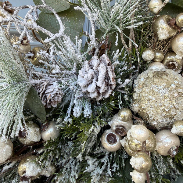 Winter wreath for door, Snowy pine wreath with glitz and glam. Sparkly wreath design for front door, Winter icy wall decor 24”