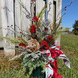 Christmas gravesite arrangement, Sympathy, Memorial, Funeral flowers, Christmas vase 360 degrees, Icy arrangement with cardinal bow.