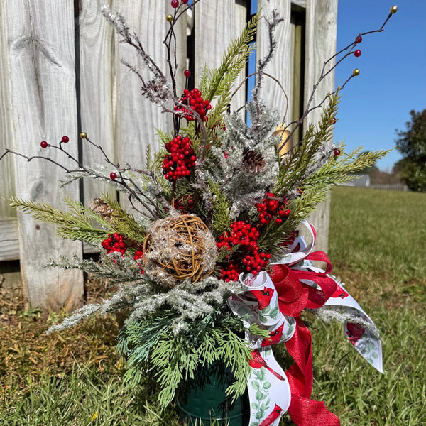 Christmas gravesite arrangement, Sympathy, Memorial, Funeral flowers, Christmas vase 360 degrees, Icy arrangement with cardinal bow.