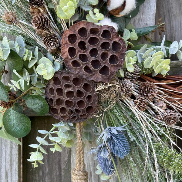 Winter front door wreath, Holiday wreath, Natural snowy wreath design, Home decor gift, Rustic icy wreath, 24” wreath