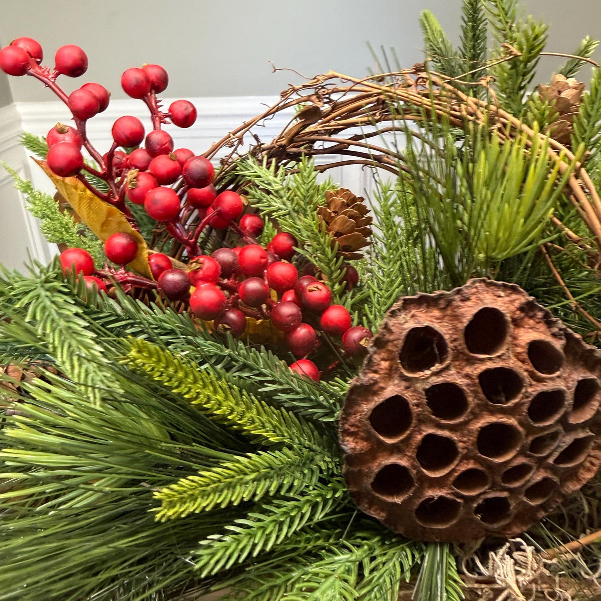Christmas table arrangement in a birch container. Christmas gift arrangement , Hostess holiday gift, Table decoration for holiday, 20” long