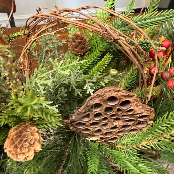 Christmas table arrangement in a birch container. Christmas gift arrangement , Hostess holiday gift, Table decoration for holiday, 20” long