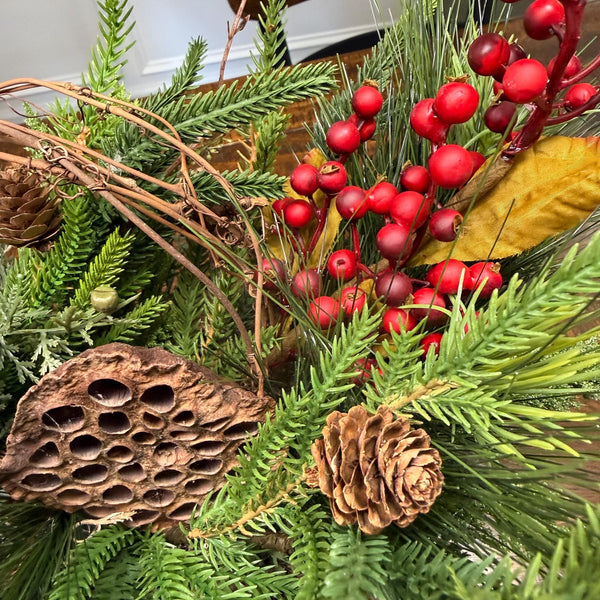 Christmas table arrangement in a birch container. Christmas gift arrangement , Hostess holiday gift, Table decoration for holiday, 20” long