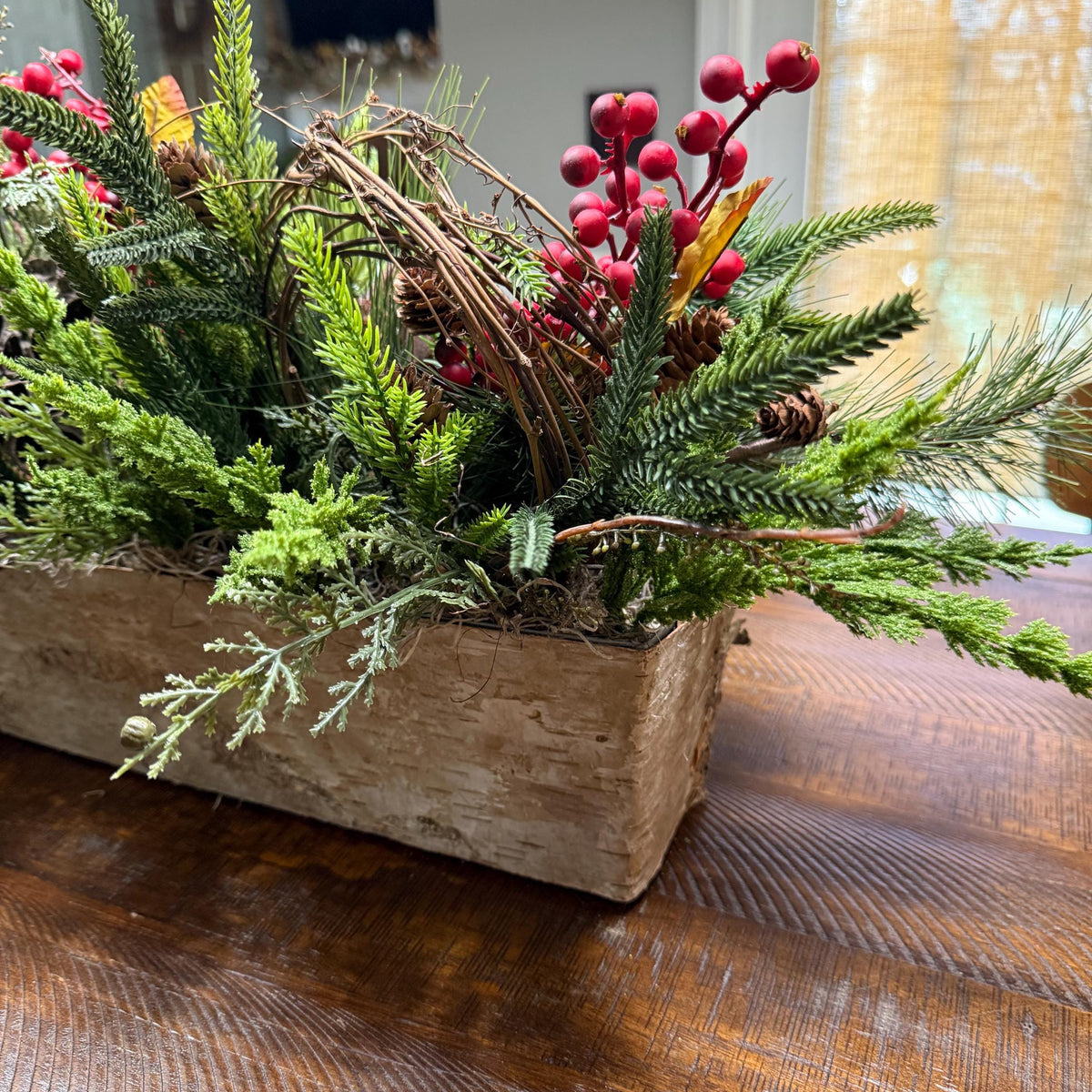 Christmas table arrangement in a birch container. Christmas gift arrangement , Hostess holiday gift, Table decoration for holiday, 20” long