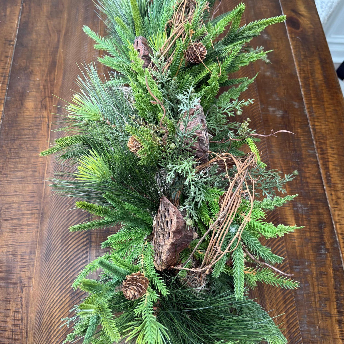 Winter table centerpiece in a birch container. Christmas gift arrangement, Hostess holiday gift, Table decoration for holiday. 20” long