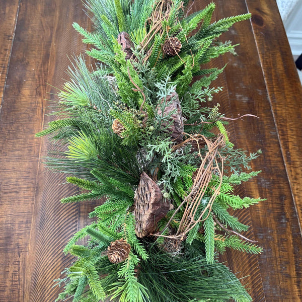 Winter table centerpiece in a birch container. Christmas gift arrangement, Hostess holiday gift, Table decoration for holiday. 20” long