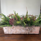 Winter table centerpiece in a birch container. Christmas gift arrangement, Hostess holiday gift, Table decoration for holiday. 20” long