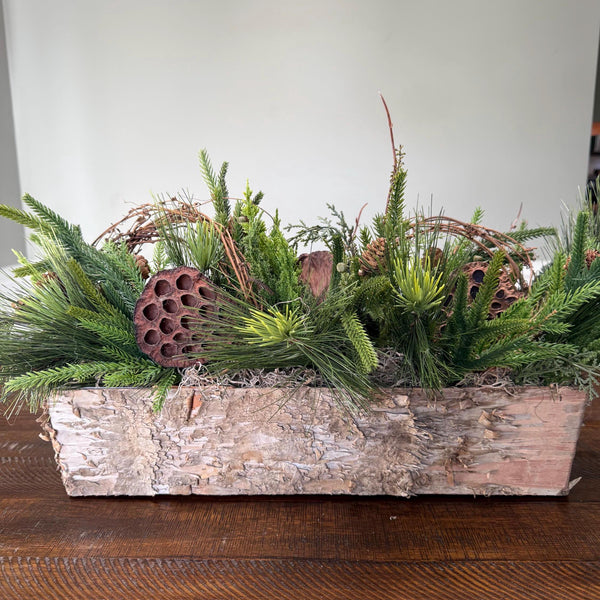 Winter table centerpiece in a birch container. Christmas gift arrangement, Hostess holiday gift, Table decoration for holiday. 20” long