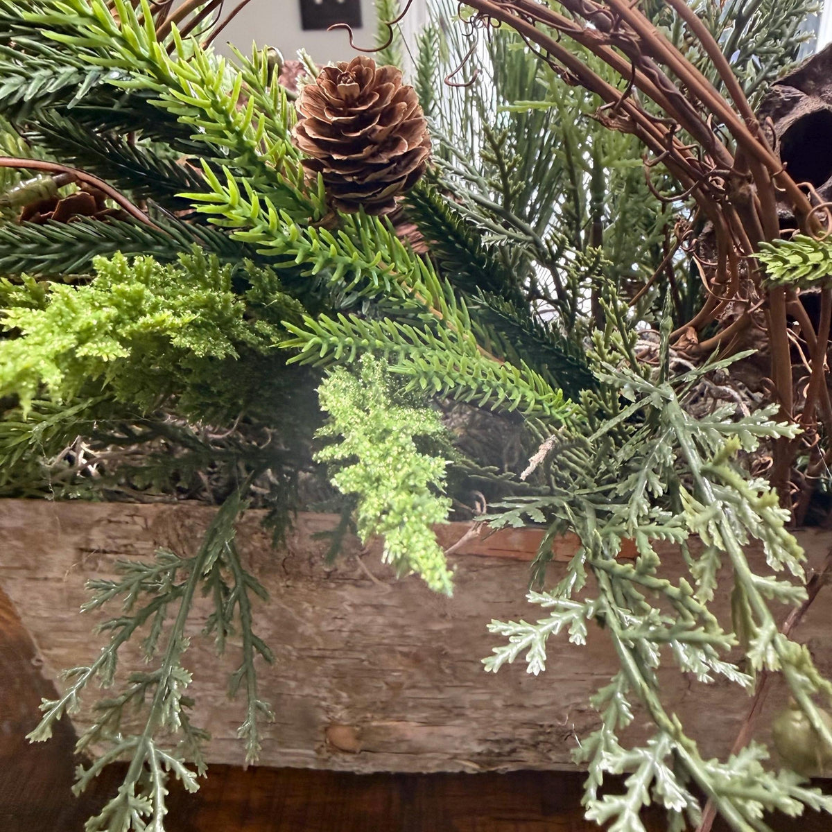 Winter table centerpiece in a birch container. Christmas gift arrangement, Hostess holiday gift, Table decoration for holiday. 20” long