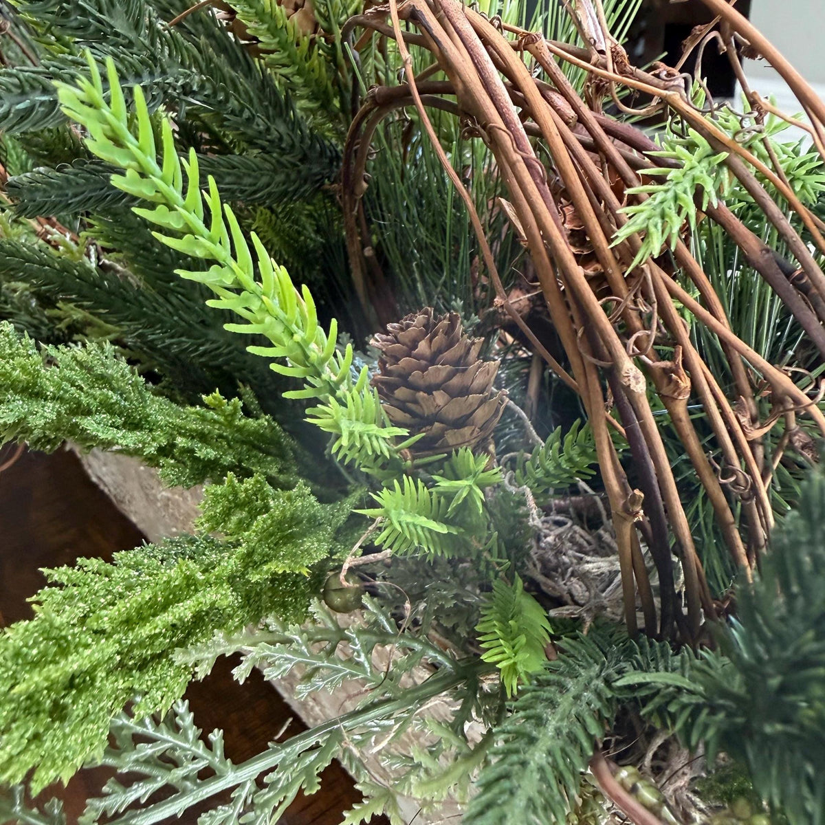 Winter table centerpiece in a birch container. Christmas gift arrangement, Hostess holiday gift, Table decoration for holiday. 20” long