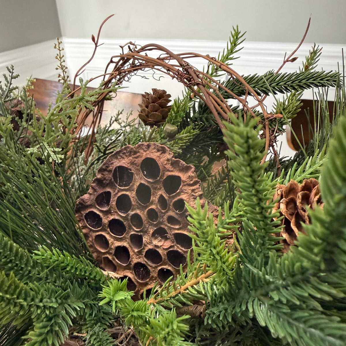 Winter table centerpiece in a birch container. Christmas gift arrangement, Hostess holiday gift, Table decoration for holiday. 20” long