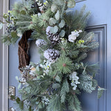 Winter wreath for door, Snowy pine wreath with bird and nest. Sparkly wreath design for front door, Holiday decor front door, 24”