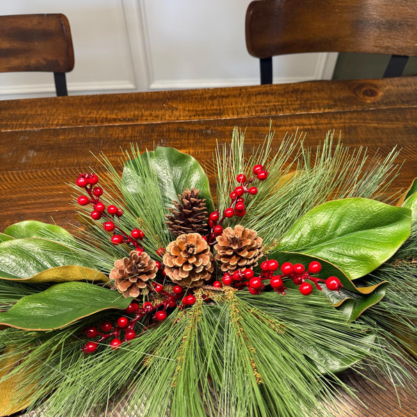 Magnolia Christmas Garland, Christmas Pine, Berries and Magnolia leaves 6’ Long, Mantle Decoration, Table Garland, Front Door Garland