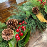 Magnolia Christmas Garland, Christmas Pine, Berries and Magnolia leaves 6’ Long, Mantle Decoration, Table Garland, Front Door Garland
