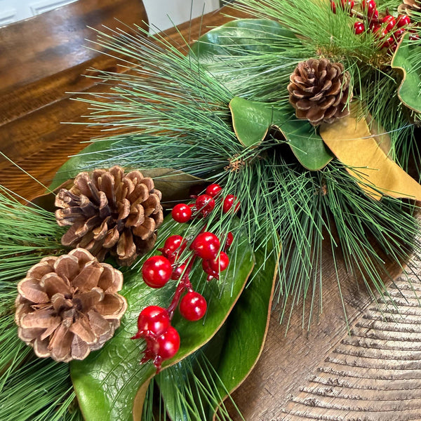 Magnolia Christmas Garland, Christmas Pine, Berries and Magnolia leaves 6’ Long, Mantle Decoration, Table Garland, Front Door Garland