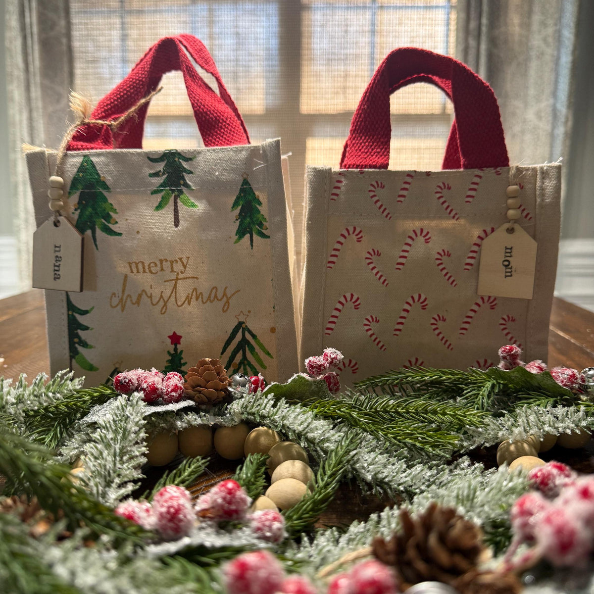 Personalized Christmas ornament, Wood beaded ornament with personal wooden tag. Co worker wreath ornament, Thank you, Holiday gifts! 4”-5”