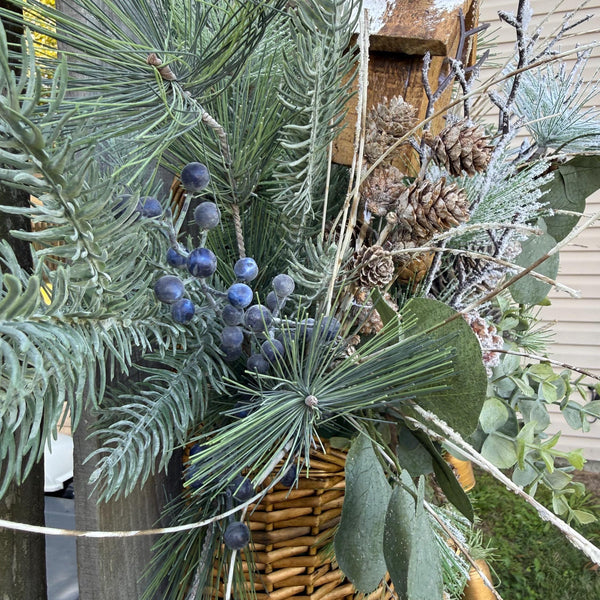 Winter wreath, Snowy basket for front door, Basket decor for entryway, Christmas gift for bird lovers, Christmas basket for nature lover 24”