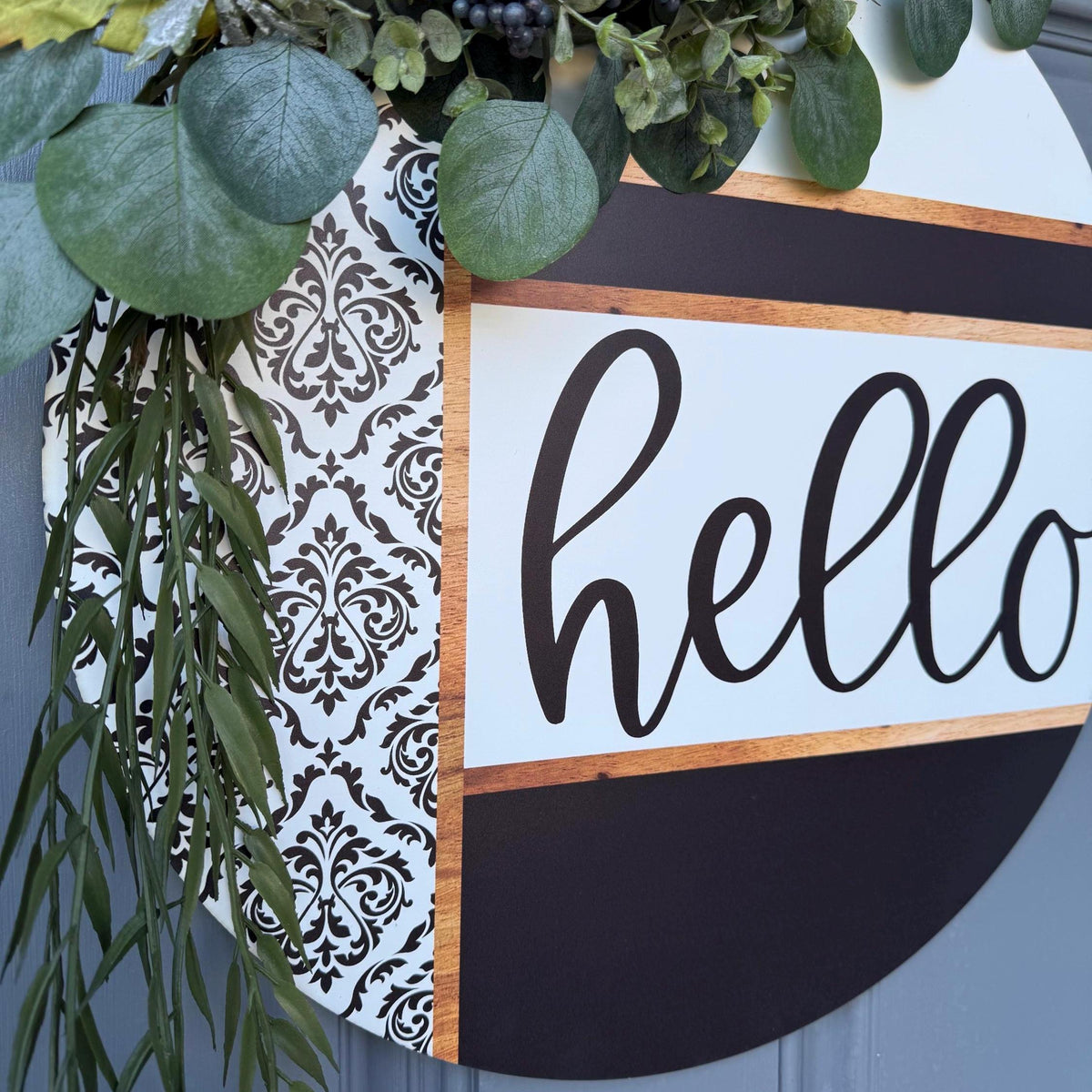 Front door decor, Wooden door sign, Everyday door sign with black, white and damask design with a rustic twist with texture.
